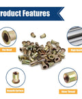 Rivet Nuts Kit With 120 Pieces M6x1.0 Carbon Steel Zinc Plated Flat Head Knurled Nutserts showcasing features and details