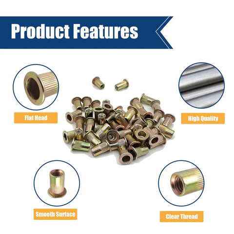 Rivet Nuts Kit With 120 Pieces M6x1.0 Carbon Steel Zinc Plated Flat Head Knurled Nutserts showcasing features and details