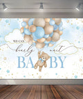Blue Bear Hot Air Balloon Backdrop 7x5ft with bear and watercolor balloons, perfect for baby shower party decor.