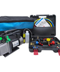 Heavy Duty One Third Hp Hvac Vacuum Pump And Four Way Ac Manifold Gauge Kit With Digital Leak Detector For R134a R410a Auto Ac Service in a carrying case.