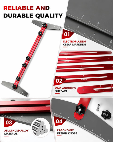Adjustable Stair Tread Template Tool Featuring Interchangeable Aluminum Slider Bars For Dead On Layouts And Hassle Free DIY Measurements That Nail The Fit Every Single Time with clear markings and ergonomic knobs.
