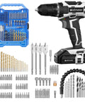 20V Cordless Drill Kit With 100 PC Drill Bit Set And 3 Eighths Inch Keyless Chuck LED Light Two Variable Speed Switch Multi Material Bits