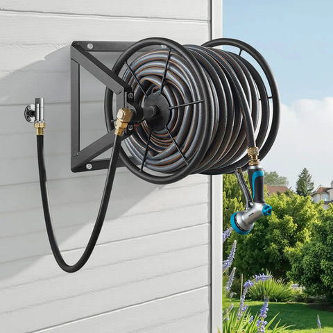 Wall Mounted Garden Hose Reel Holds 200 Feet Of 5/8 Inch Hose Heavy Duty Steel Outdoor Water Reel with brass fittings.