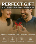 Couple exchanging a gift with text 'Perfect Gift for Father, Boyfriend, Son, Husband, Brother' featuring celebration icons.