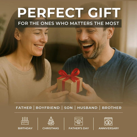 Couple exchanging a gift with text 'Perfect Gift for Father, Boyfriend, Son, Husband, Brother' featuring celebration icons.