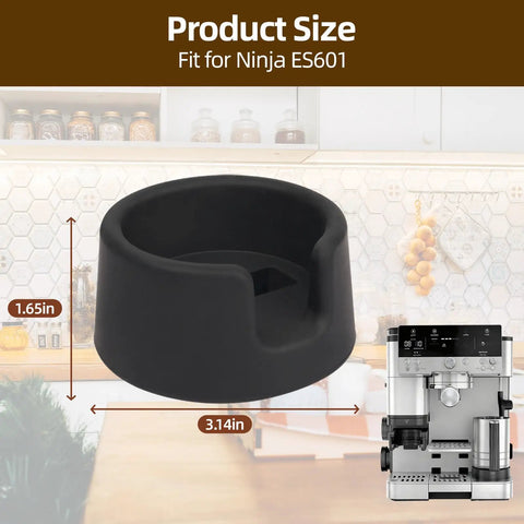 Ninja ES601 Coffee Tamper Base With Portafilter Stand, black silicone tamper holder, fits Ninja ES601 espresso machine, dimensions shown.