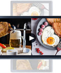 Premium 27 32 43 Inch Digital Kiosk Display With HD LCD Advertising Media Player showcasing split screen food visuals.
