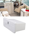 White plastic lockable glove box storage compartment for pontoon boat with cup holder design.