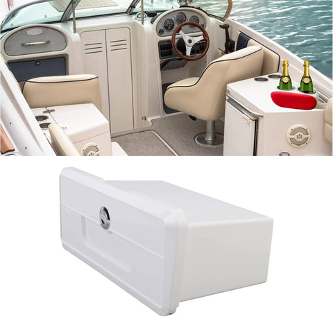 White marine glove box with concealed button lock and two non-slip cup holders; installed in boat cockpit