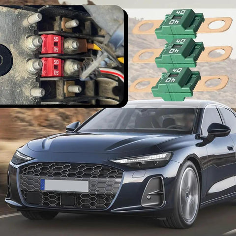Solid As A Rock 3 Pack AMI Midi Bolt On Fuse 40 Amp Copper Plated Fork Terminals for various vehicles, shown with car and fuse panel.