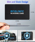 Five Pack RFID Blocker Cards For Wallets Protect All Contactless Cards From Scanning NFC Debit Credit Passport Protection Slim Wallet Friendly Black Fits In Any Pocket, showcasing card dimensions and security features.