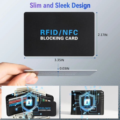 Five Pack RFID Blocker Cards For Wallets Protect All Contactless Cards From Scanning NFC Debit Credit Passport Protection Slim Wallet Friendly Black Fits In Any Pocket, showcasing card dimensions and security features.