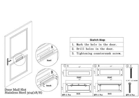 Installation diagram of Heavy Duty 304 Stainless Steel Front And Rear Mail Slot With Victorian Letter Box Plate, showing dimensions.