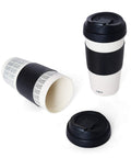 Top Tier Reusable Double Wall Insulated Travel Mug In White And Black features a secure flip top lid and sleek design.