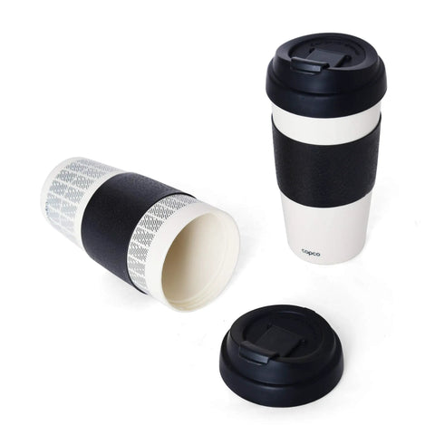 Top Tier Reusable Double Wall Insulated Travel Mug In White And Black features a secure flip top lid and sleek design.