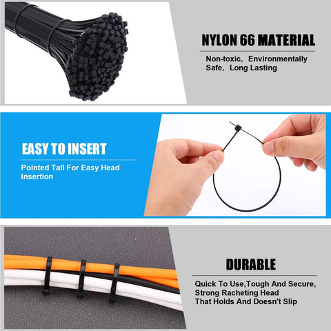 Heavy Duty Nylon Cable Zip Ties Set 2000 Pcs Assorted 4 Inch To 12 Inch Self Locking High Strength PA6 Non Toxic Black Indoor Outdoor Ties