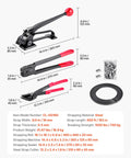 Beefy Heavy Duty Steel Banding Strapping Kit with tools, 600 ft steel straps, 300 metal seals, dimensions and components shown.