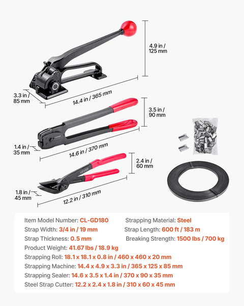 Beefy Heavy Duty Steel Banding Strapping Kit with tools, 600 ft steel straps, 300 metal seals, dimensions and components shown.