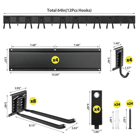 Wall Mounted Garage Tool Organizer Rack, 64 Inch Adjustable Heavy Duty Yard Tool Holder components and dimensions