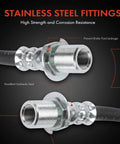 Close-up of stainless steel fittings on Front Brake Hydraulic Hose Set Of 2 For Toyota 4Runner 1986 1995, Pickup 1979 1983 1986 1995, T100 1993 1998, Celica 1982 1985 Front Inner Side Replacement.