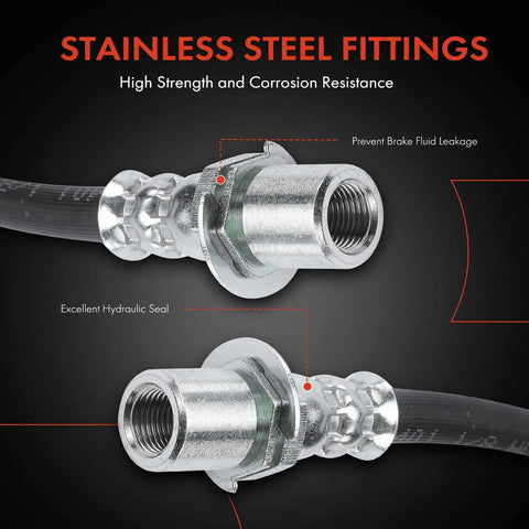Close-up of stainless steel fittings on Front Brake Hydraulic Hose Set Of 2 For Toyota 4Runner 1986 1995, Pickup 1979 1983 1986 1995, T100 1993 1998, Celica 1982 1985 Front Inner Side Replacement.
