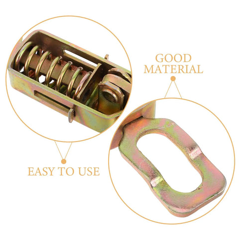 Close-up of Beefy Heavy Duty Truck Trailer Gate Latch With Spring Toggle Clamp, showing gold base plate and spring mechanism.