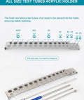 Filling Tools Kit for Home and Lab with Empty Funnel Tray Spoon Scoops Spatula and Tamper, showcasing steel test tube holder for sizes 000 to 5.