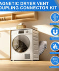Magnetic Dryer Vent Connector Kit 4-Inch By 31.5-Inch Aluminum Foil Hose attached to a white laundry dryer in a modern room.
