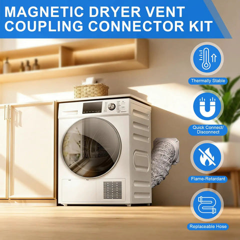 Magnetic Dryer Vent Connector Kit 4-Inch By 31.5-Inch Aluminum Foil Hose attached to a white laundry dryer in a modern room.