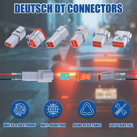 Deutsch DT connectors displayed with various pins and features, highlighting water and dust proof, anti-oxidation benefits.