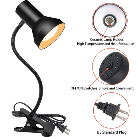 Eye Care Desk Lamp With 360 Degree Gooseneck Clip On Light For Desk Bedside Or Office showing ceramic holder, switch, and plug