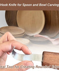 Rugged Reliable Hook Knife With Leather Sheath For Wood Carving Sweet Precision Spoon And Bowl Gouge Kit Killer Whittling Tool For Beginners, close-up of blade carving wood.