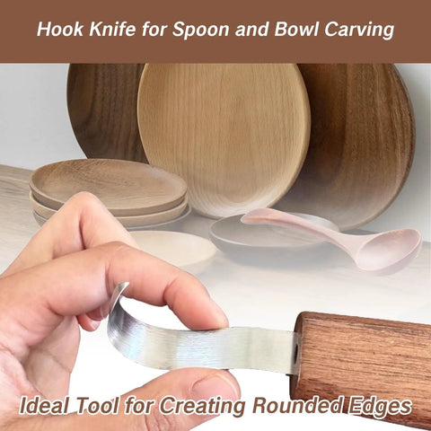 Rugged Reliable Hook Knife With Leather Sheath For Wood Carving Sweet Precision Spoon And Bowl Gouge Kit Killer Whittling Tool For Beginners, close-up of blade carving wood.