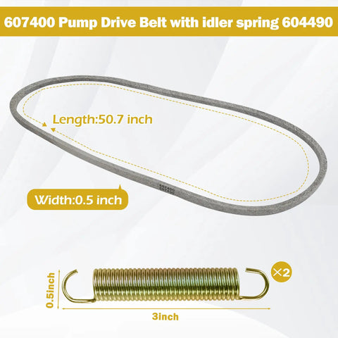 Pump Drive Belt Gray White 50.75 Inch With Two 604490 Tensioner Springs Replacement Kit For Raptor SD SDX Limited MDV Zero Turn Mowers Replaces 603907 607400 A 14939 265-6, 1/2 in belt and spring set