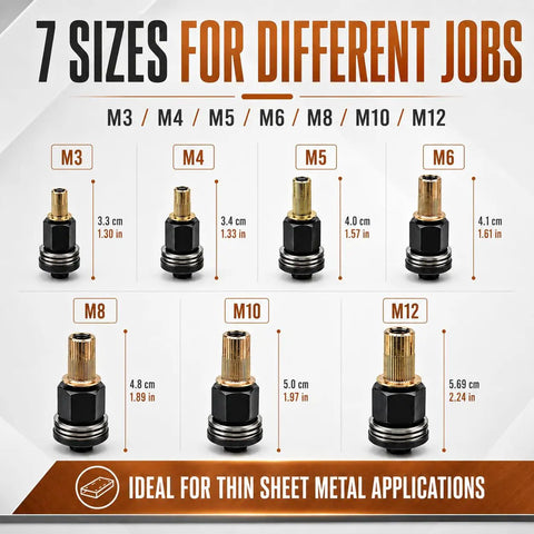 Professional Carbon Steel Rivet Nut Tool Kit, Complete 77 Piece Metric Assortment M3 Through M12 with 7 sizes for different jobs.