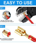 Steps showing Heavy Duty Ratchet Wire Crimper Tool Hella Tight Grip for open barrel terminal connectors in use.