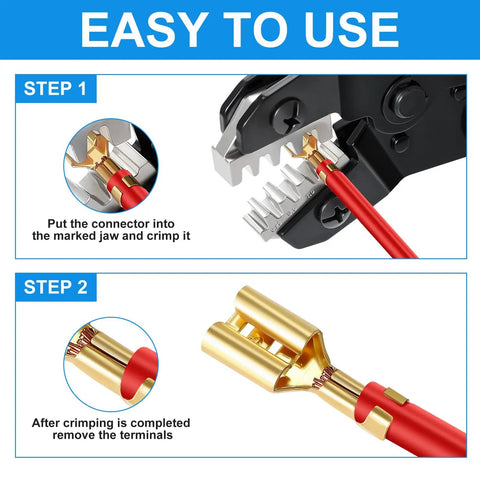 Steps showing Heavy Duty Ratchet Wire Crimper Tool Hella Tight Grip for open barrel terminal connectors in use.