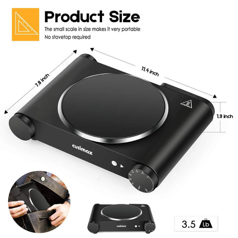 Product dimensions and features of Portable 1200W Infrared Electric Stove With Quick Heat 7 Inch Ceramic Glass Burner.