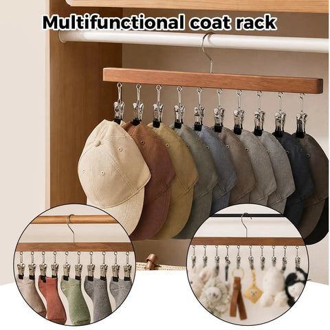 Straight Up Sturdy Wooden Closet Organizer Pack With Heavy Duty Metal Hanging Clips For Maxing Out Vertical Wardrobe Space And Ditching Daily Clutter featuring caps and clips.