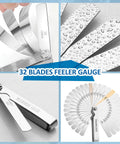 Feeler gauge set in stainless steel with 32 blades; collage of front, side, close-up, and fan-spread views