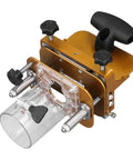 Rock Solid Stainless Steel Router Mortising Jig Acting As A Slick Woodworking Slotting Positioner With Dead Nuts Adjustable Depth Stops for precise routing. 