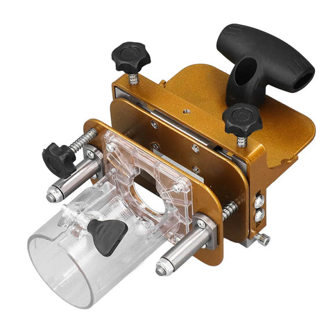 Rock Solid Stainless Steel Router Mortising Jig Acting As A Slick Woodworking Slotting Positioner With Dead Nuts Adjustable Depth Stops for precise routing. 