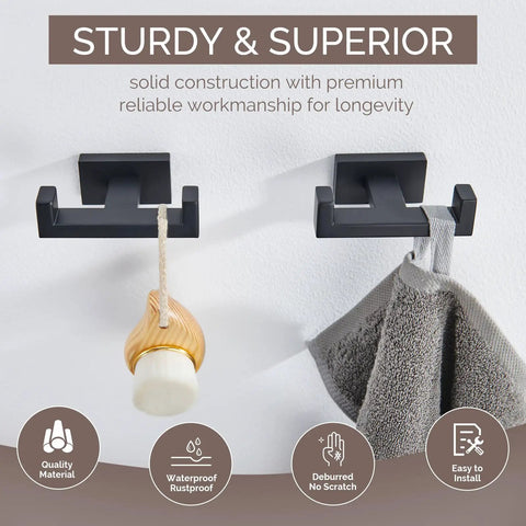 Matte Black Stainless Steel Double Towel Hooks For Wall Mount, SUS304 Robe Coat Hangers holding brush and towel, 2 Pack.