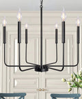 Black Farmhouse Chandelier With 6 Lights, 26.1 Inch Wide Adjustable Height Rustic Hanging Light Fixture for dining room.
