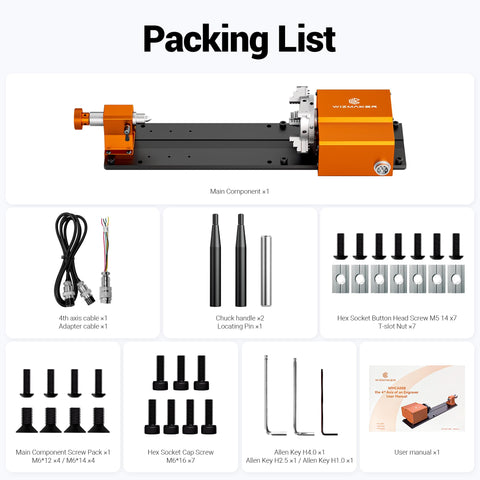 Packing list for Tight Grip 4th Axis Rotary Table for CNC Router Engraver including main components and tools.