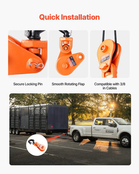 Heavy Duty Snatch Block With Swivel Hook For Towing And Recovery Two Ton Capacity Three Inch Pulley Three Eighth Inch Wire Rope Four Thousand Four Hundred Lb Working Load Ten Thousand Lb Break Strength Beefy For Tow Jobs And Off Road Recovery with locking pin and 3/8 in cable