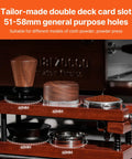Keep Your Shot Prep Crisp With This Solid Tiered Espresso Tamper Station And Knock Box Organizer Universal 51 To 58 Millimeter Portafilter Holder Natural Wood Coffee Bar Organizer Setup with double deck card slot.