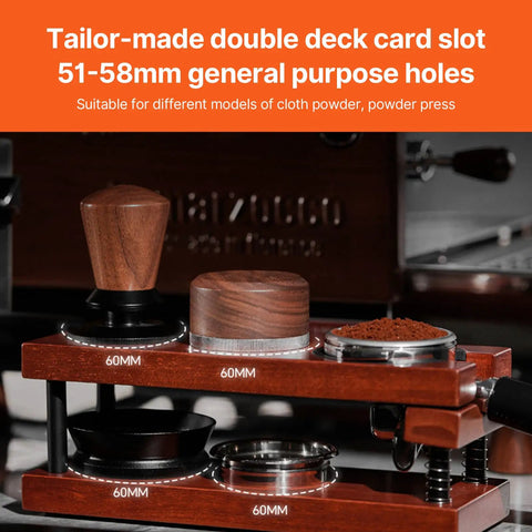Keep Your Shot Prep Crisp With This Solid Tiered Espresso Tamper Station And Knock Box Organizer Universal 51 To 58 Millimeter Portafilter Holder Natural Wood Coffee Bar Organizer Setup with double deck card slot.