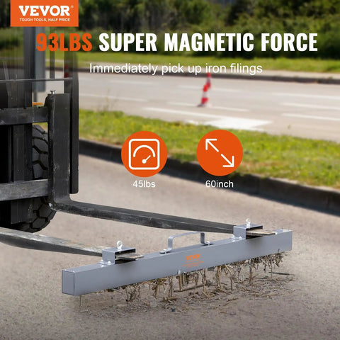 Absolute Beast 93 Pound Hanging Magnetic Sweeper Mounts To Forklifts and Overhead Rigs Heavy Duty Metal Pickup Tool Sweet For Scrap Yards Job Sites Snagging Nails Bolts Iron Chips Efficiently, 60 inch magnetic sweeper in use.