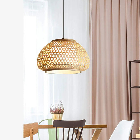 Handmade Flush Mount Ceiling Light with Retro Bamboo Dome Shade hanging over dining table, adjustable cord visible.